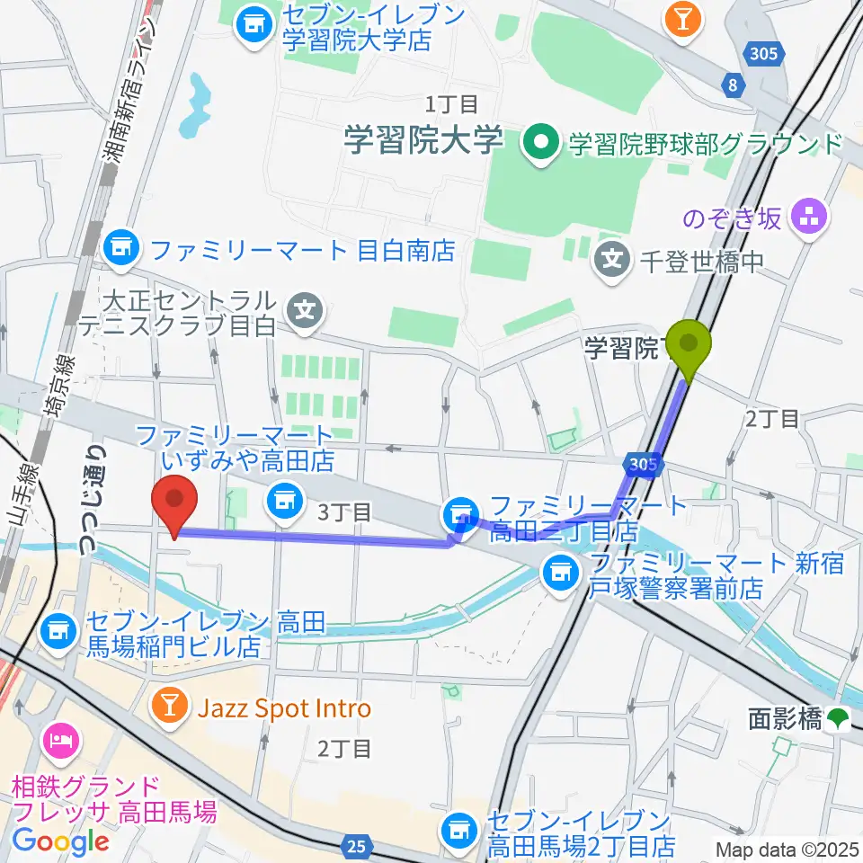 学習院下駅から高田馬場CLUB PHASEへのルートマップ地図
