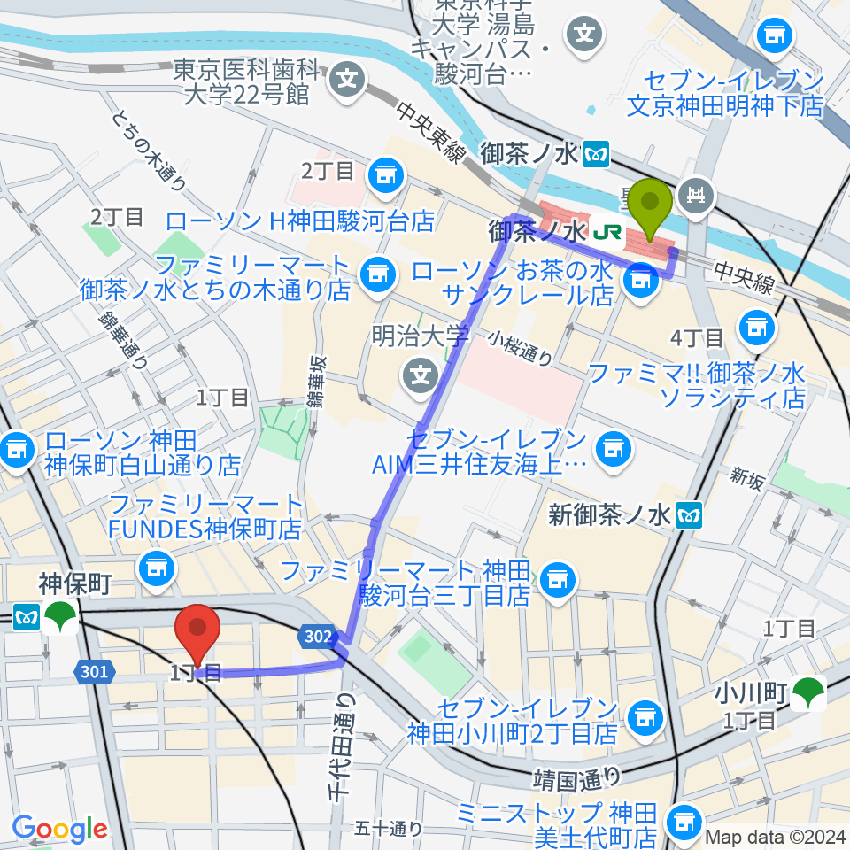 御茶ノ水駅から須賀楽器へのルートマップ地図