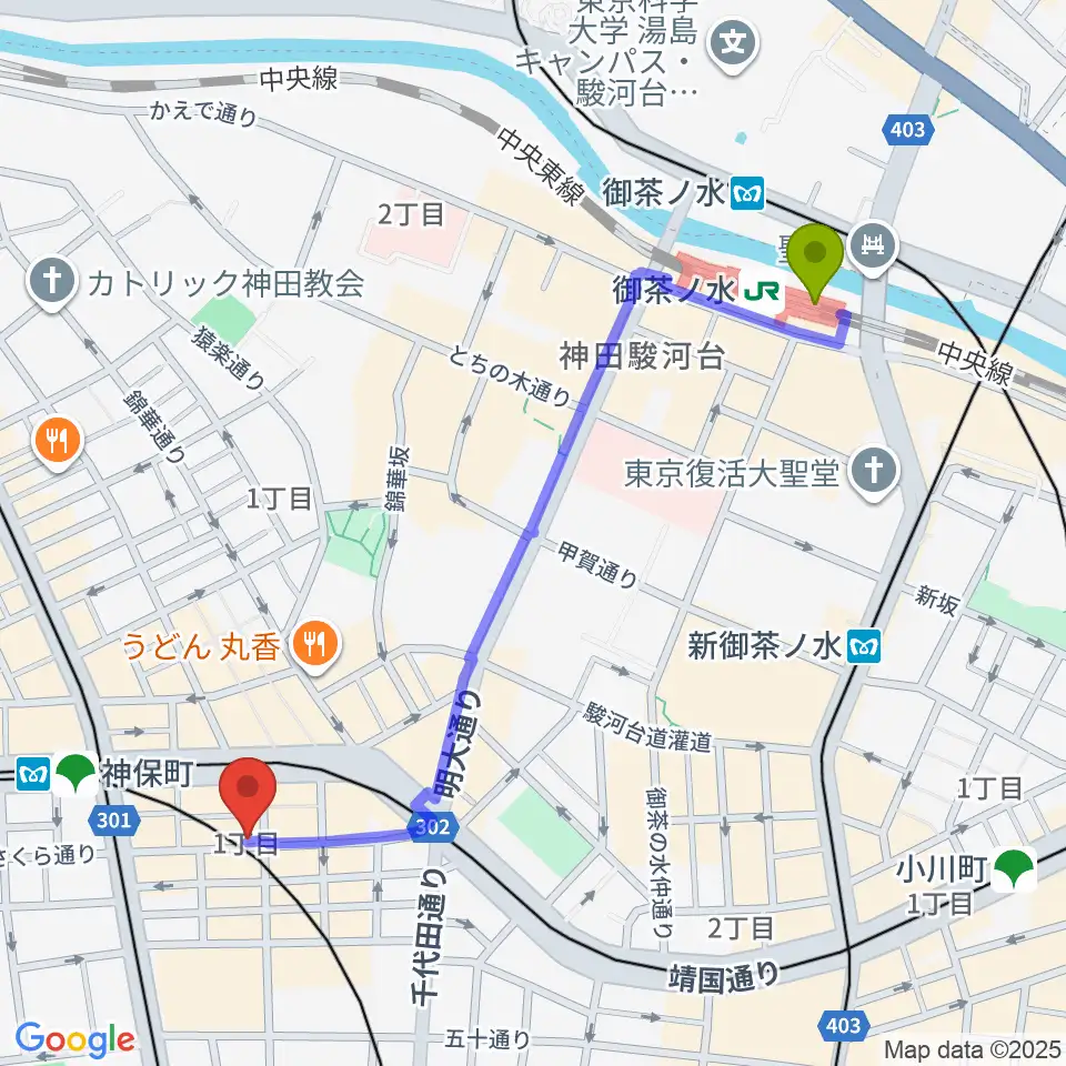 御茶ノ水駅から須賀楽器へのルートマップ地図