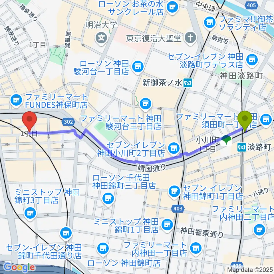淡路町駅から須賀楽器へのルートマップ地図