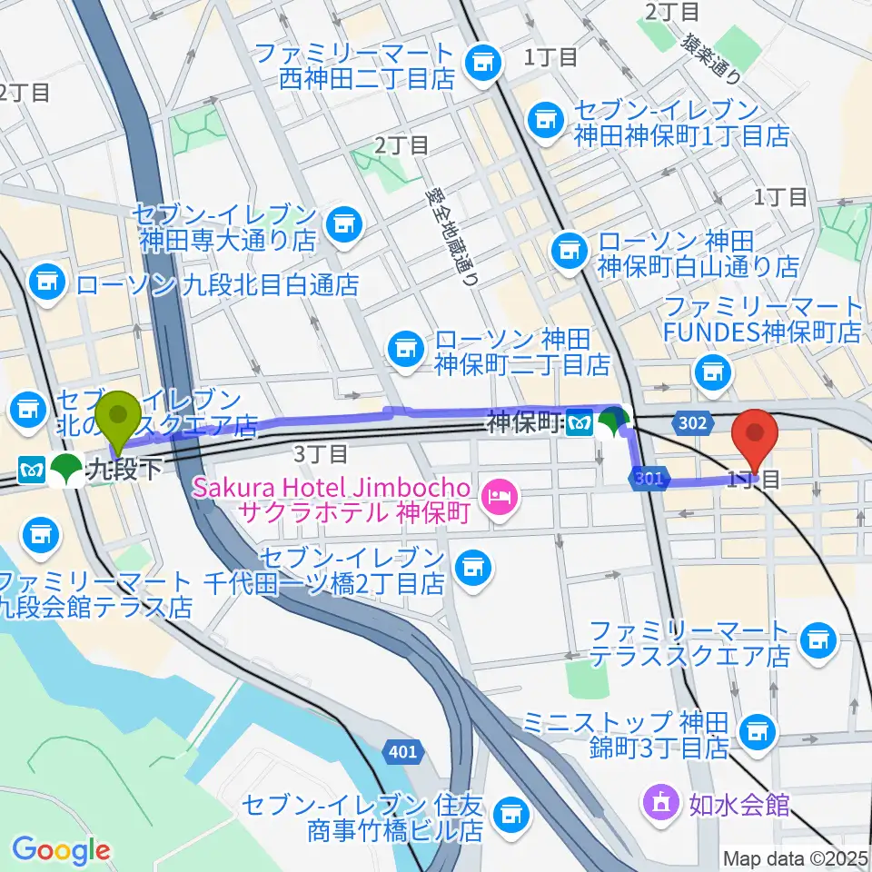 九段下駅から須賀楽器へのルートマップ地図