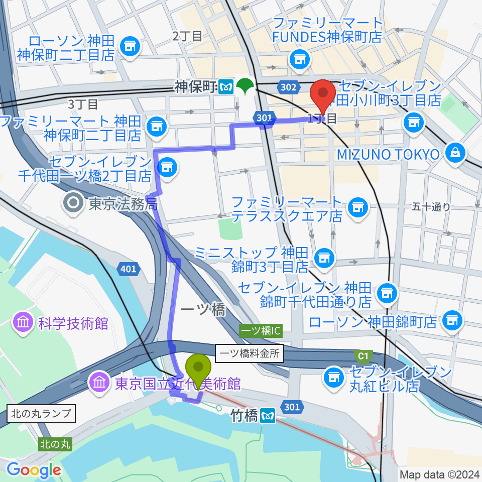 竹橋駅から須賀楽器へのルートマップ地図