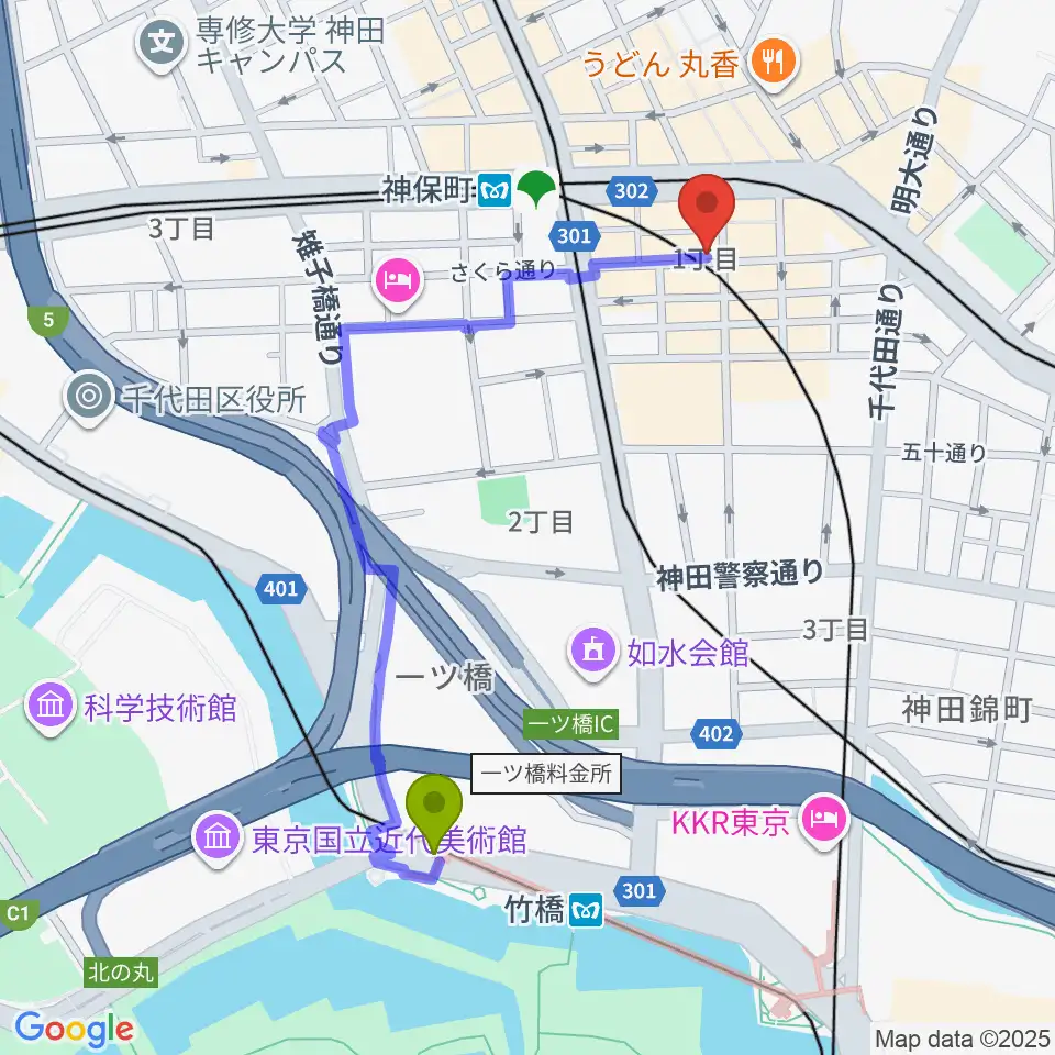 竹橋駅から須賀楽器へのルートマップ地図