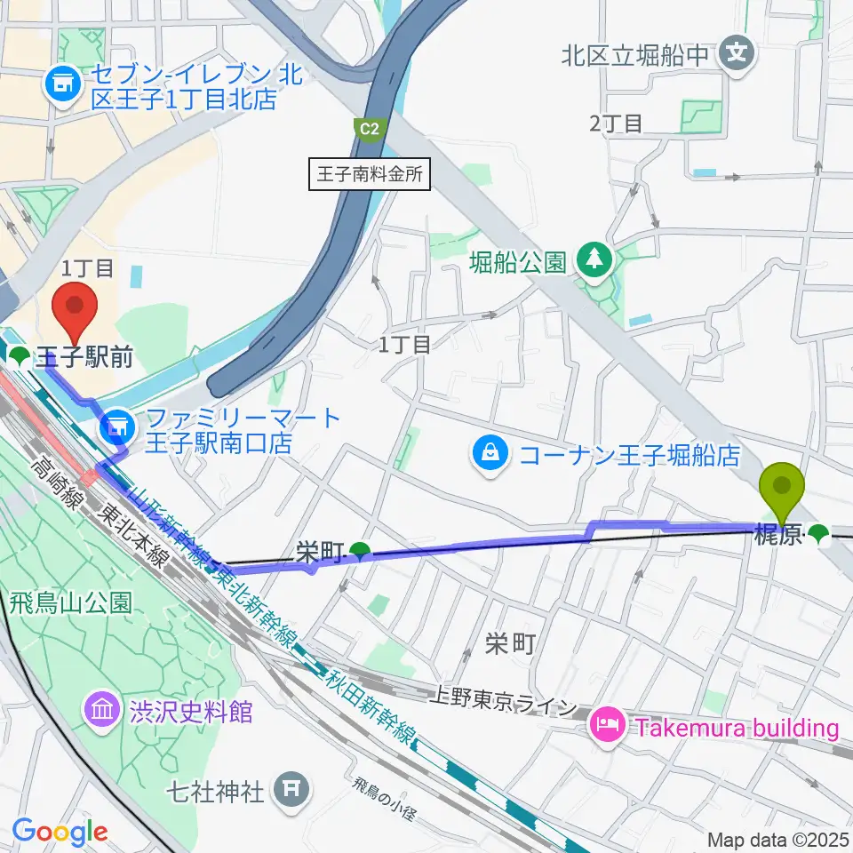 梶原駅からエークラスミュージック 王子センターへのルートマップ地図
