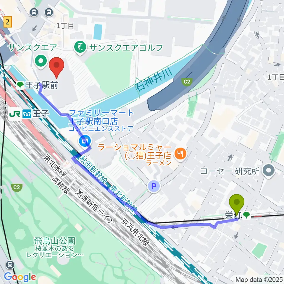 栄町駅からエークラスミュージック 王子センターへのルートマップ地図