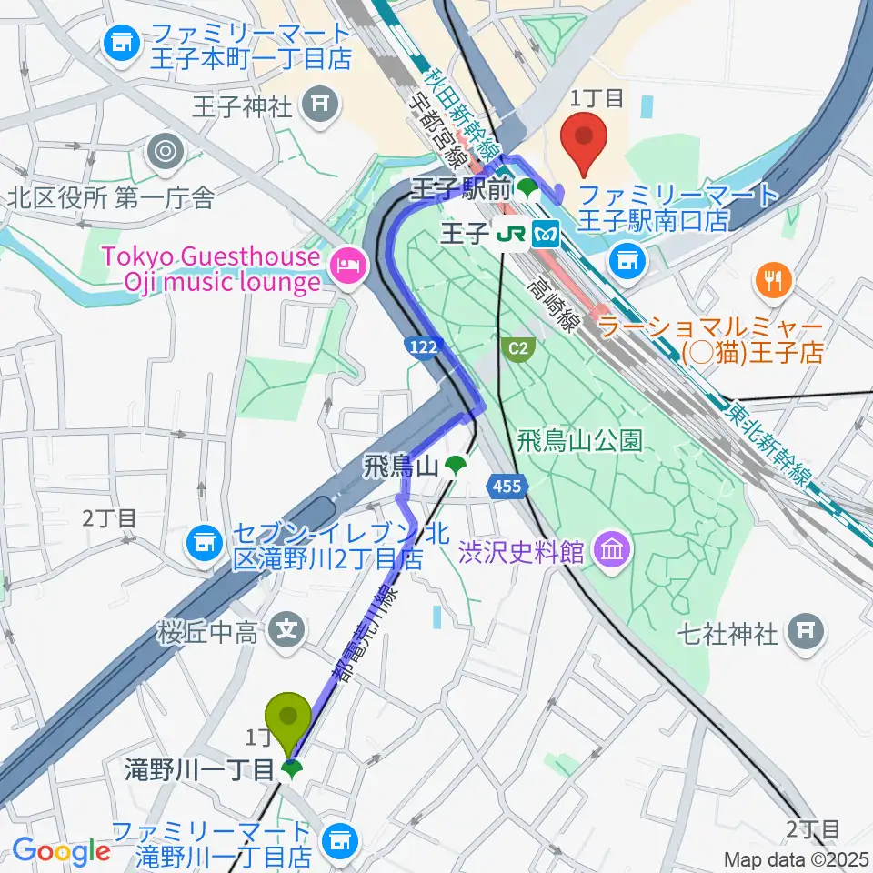 滝野川一丁目駅からエークラスミュージック 王子センターへのルートマップ地図