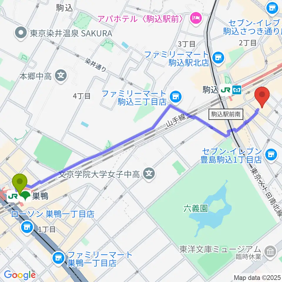 巣鴨駅からエークラスミュージック 駒込センターへのルートマップ地図