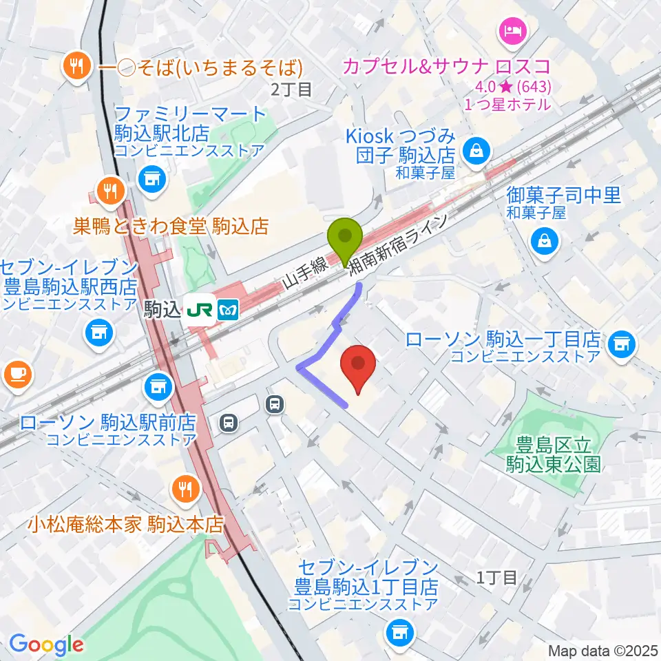 エークラスミュージック 駒込センターの最寄駅駒込駅からの徒歩ルート（約2分）地図