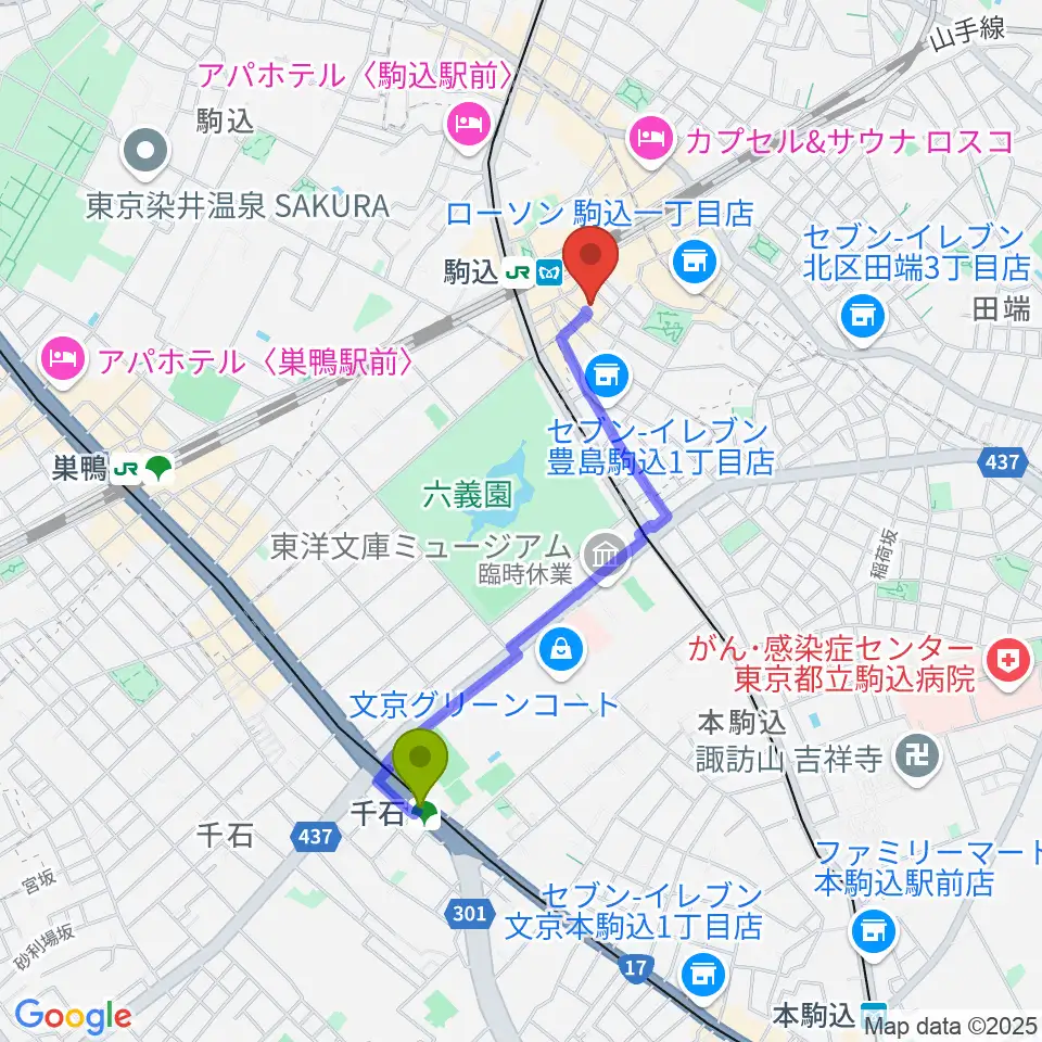 千石駅からエークラスミュージック 駒込センターへのルートマップ地図