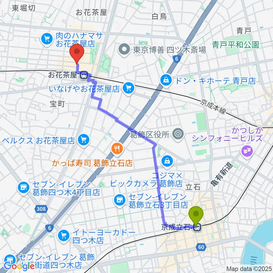京成立石駅からエークラスミュージック お花茶屋センターへのルートマップ地図