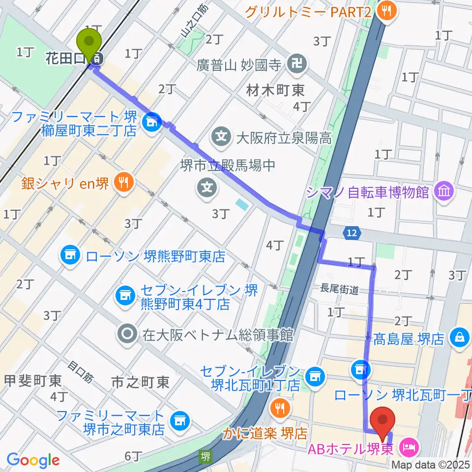 花田口駅から堺東Goithへのルートマップ地図