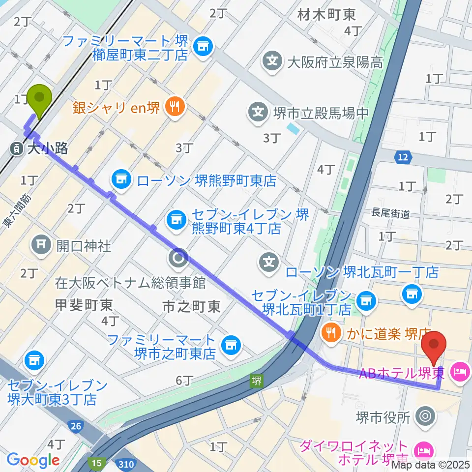 大小路駅から堺東Goithへのルートマップ地図