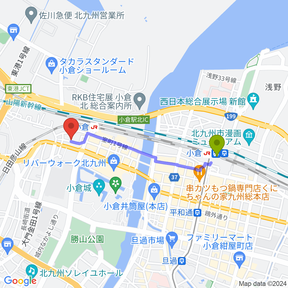 小倉駅からケイトミュージックへのルートマップ地図