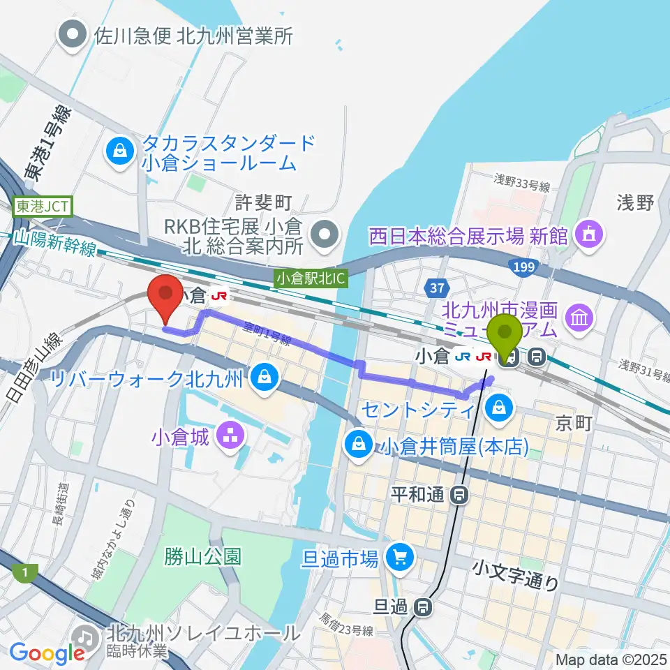 小倉駅からケイトミュージックへのルートマップ地図