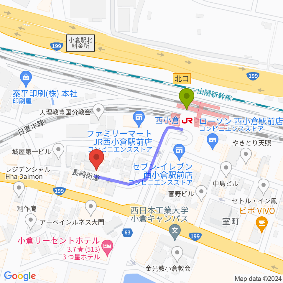 ケイトミュージックの最寄駅西小倉駅からの徒歩ルート（約3分）地図