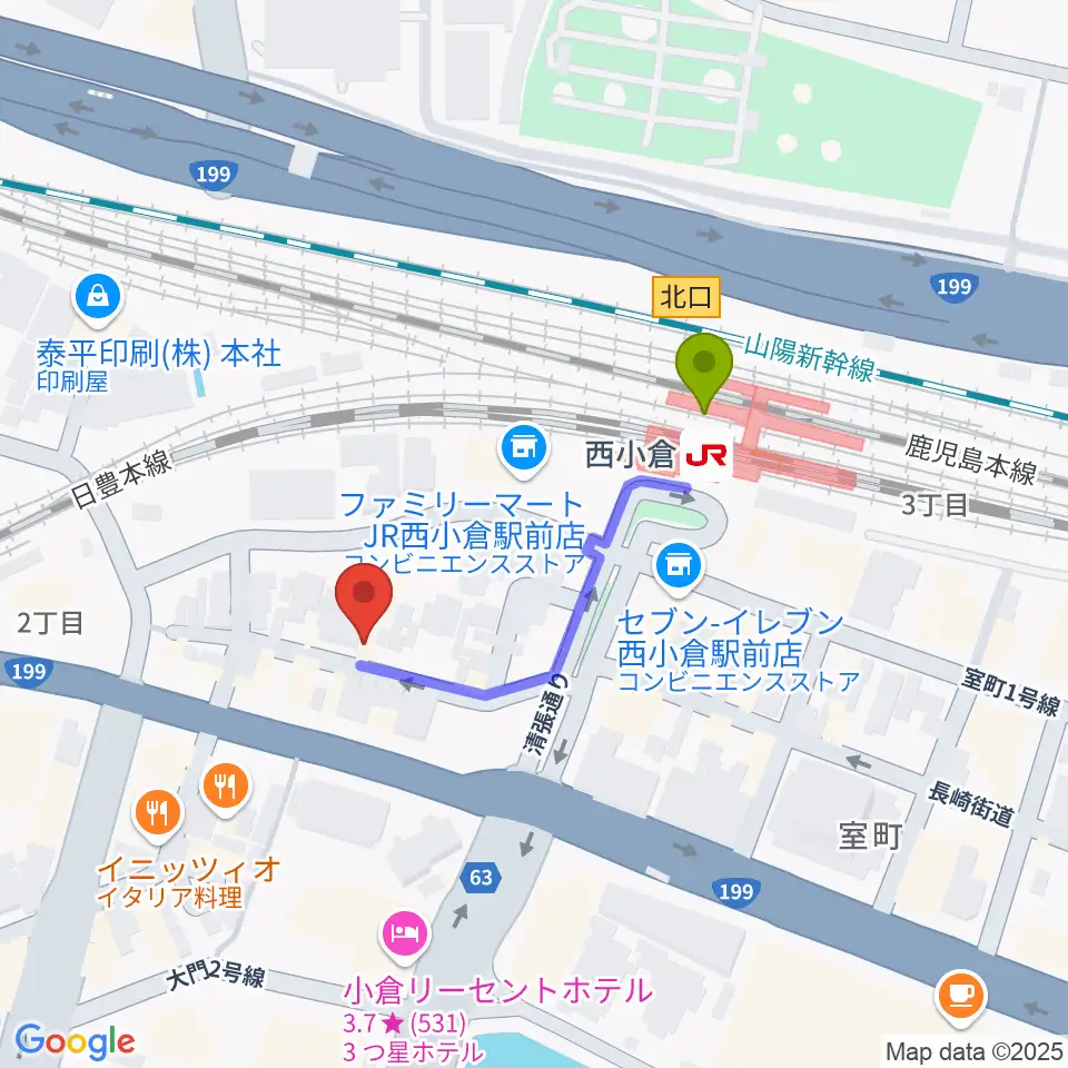 ケイトミュージックの最寄駅西小倉駅からの徒歩ルート（約3分）地図