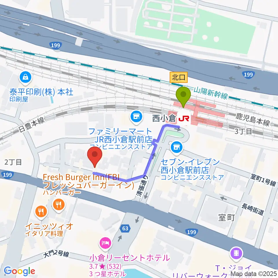 ケイトミュージックの最寄駅西小倉駅からの徒歩ルート（約3分）地図