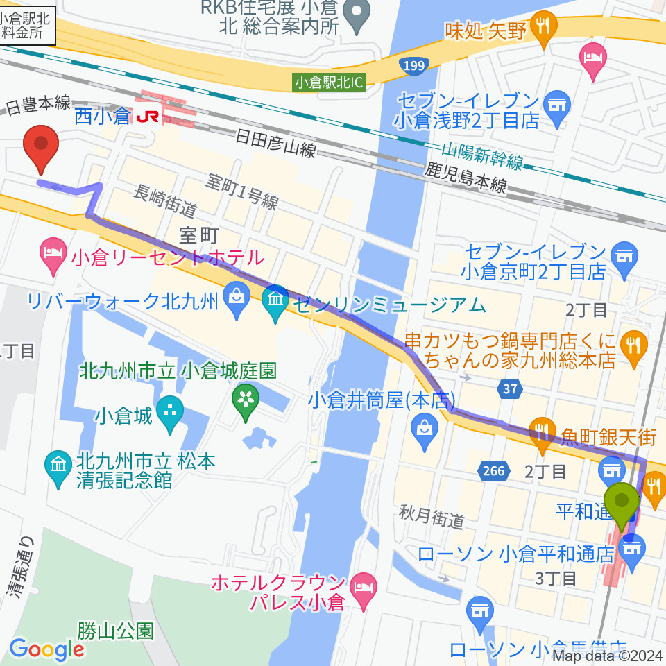 平和通駅からケイトミュージックへのルートマップ地図