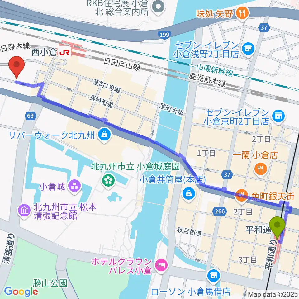 平和通駅からケイトミュージックへのルートマップ地図