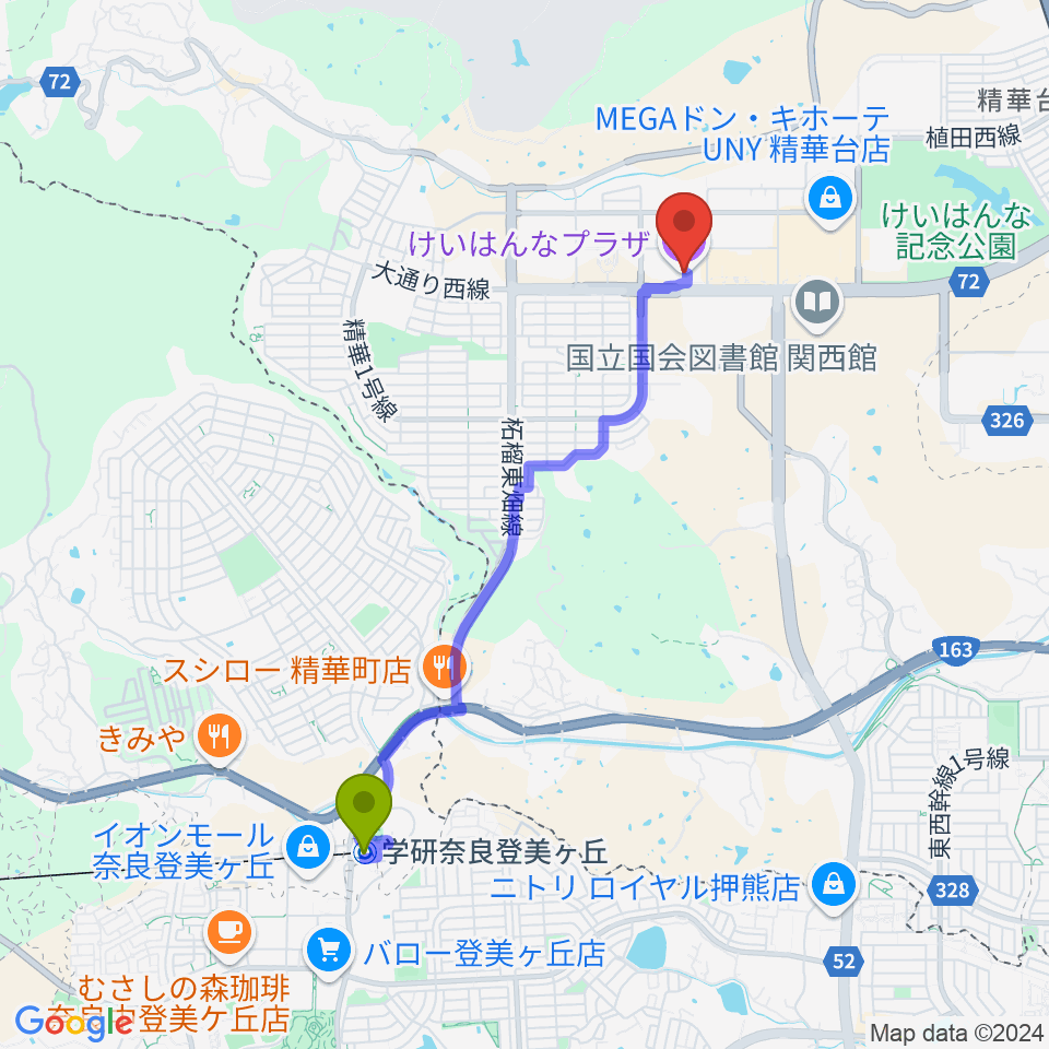 けいはんなプラザの最寄駅学研奈良登美ヶ丘駅からの徒歩ルート（約40分）地図