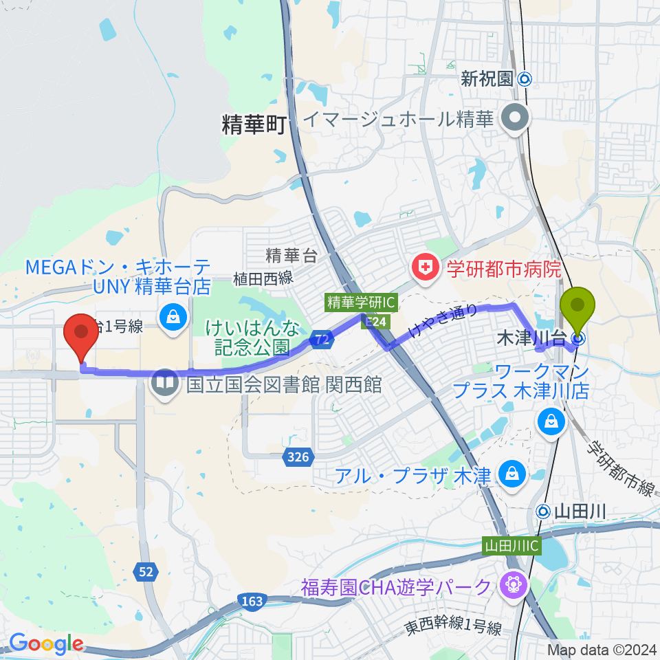 木津川台駅からけいはんなプラザへのルートマップ地図