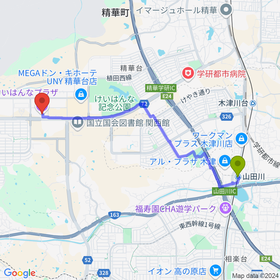 山田川駅からけいはんなプラザへのルートマップ地図