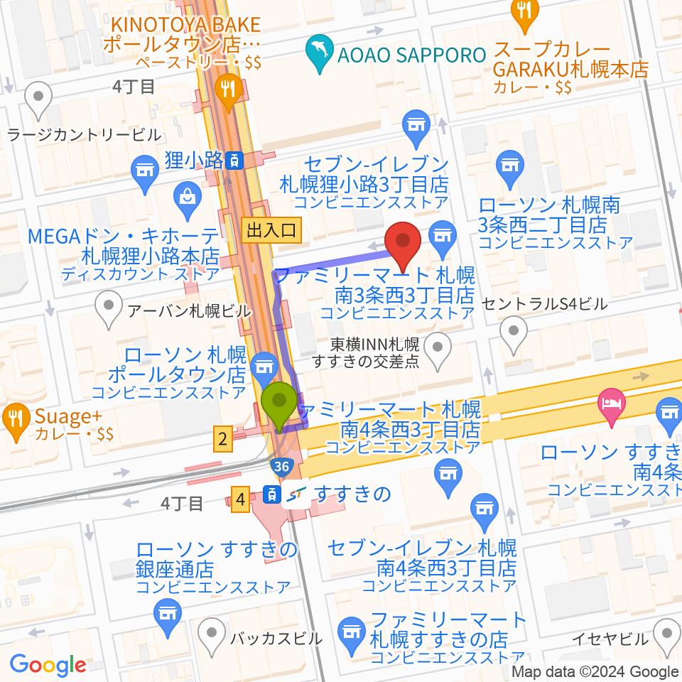 スタジオシーラカンスの最寄駅すすきの駅からの徒歩ルート（約2分）地図
