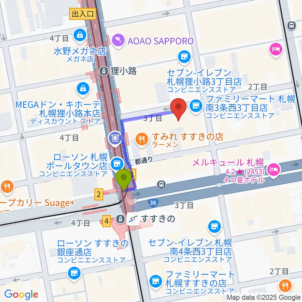 スタジオシーラカンスの最寄駅すすきの駅からの徒歩ルート（約2分）地図