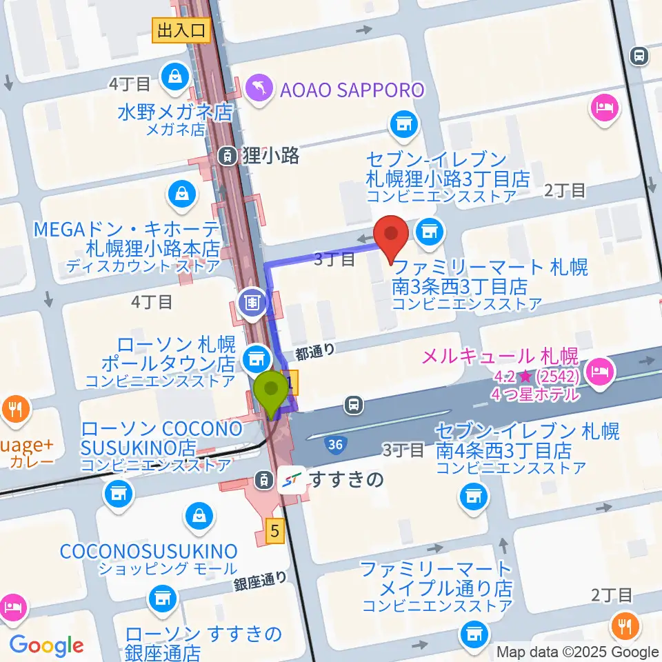 スタジオシーラカンスの最寄駅すすきの駅からの徒歩ルート（約2分）地図