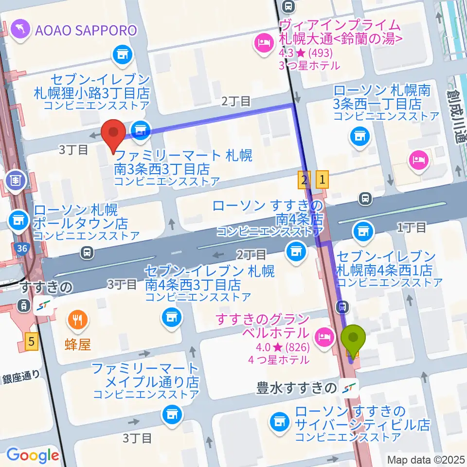豊水すすきの駅からスタジオシーラカンスへのルートマップ地図