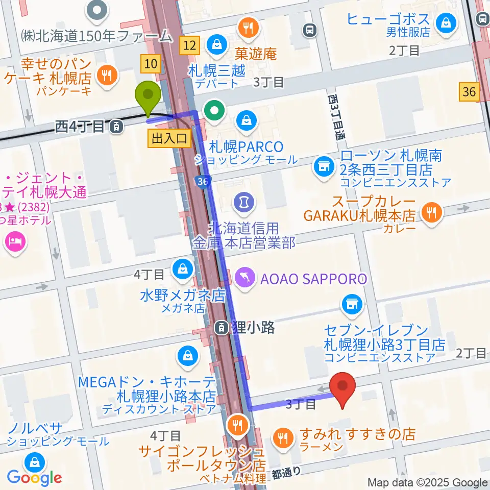 西４丁目駅からスタジオシーラカンスへのルートマップ地図