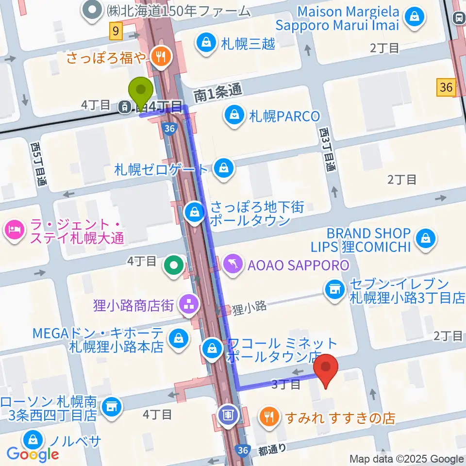 西４丁目駅からスタジオシーラカンスへのルートマップ地図