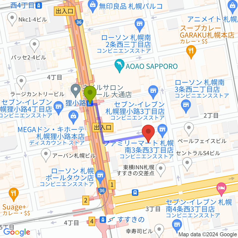 狸小路駅からスタジオシーラカンスへのルートマップ地図