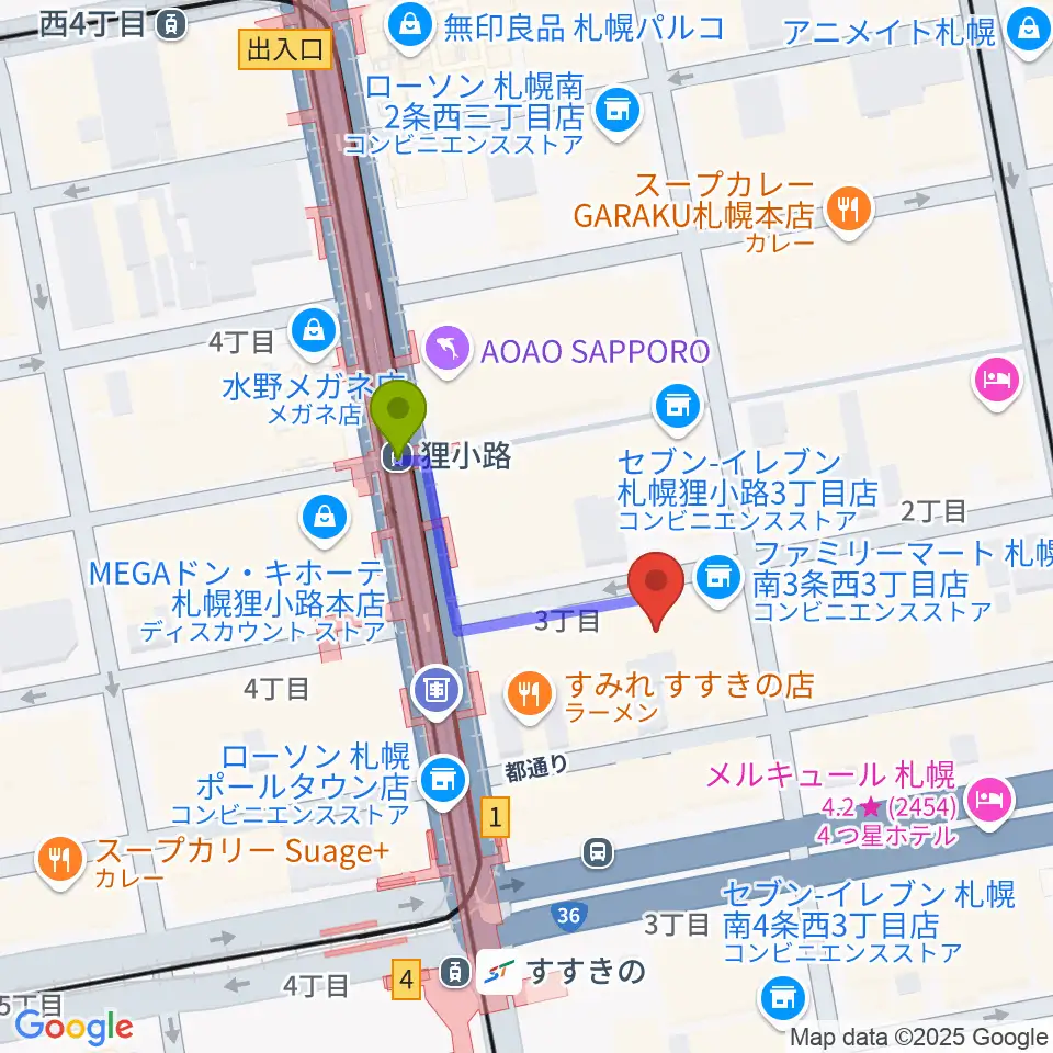 狸小路駅からスタジオシーラカンスへのルートマップ地図