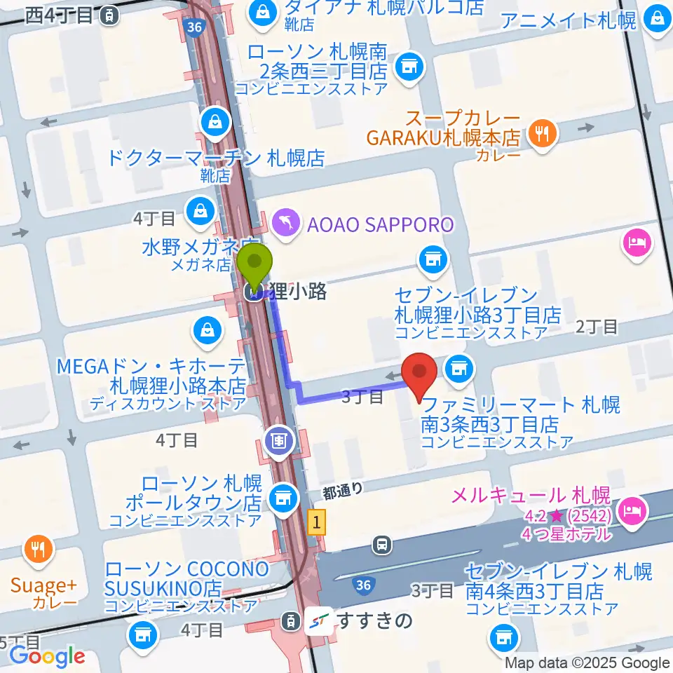 狸小路駅からスタジオシーラカンスへのルートマップ地図