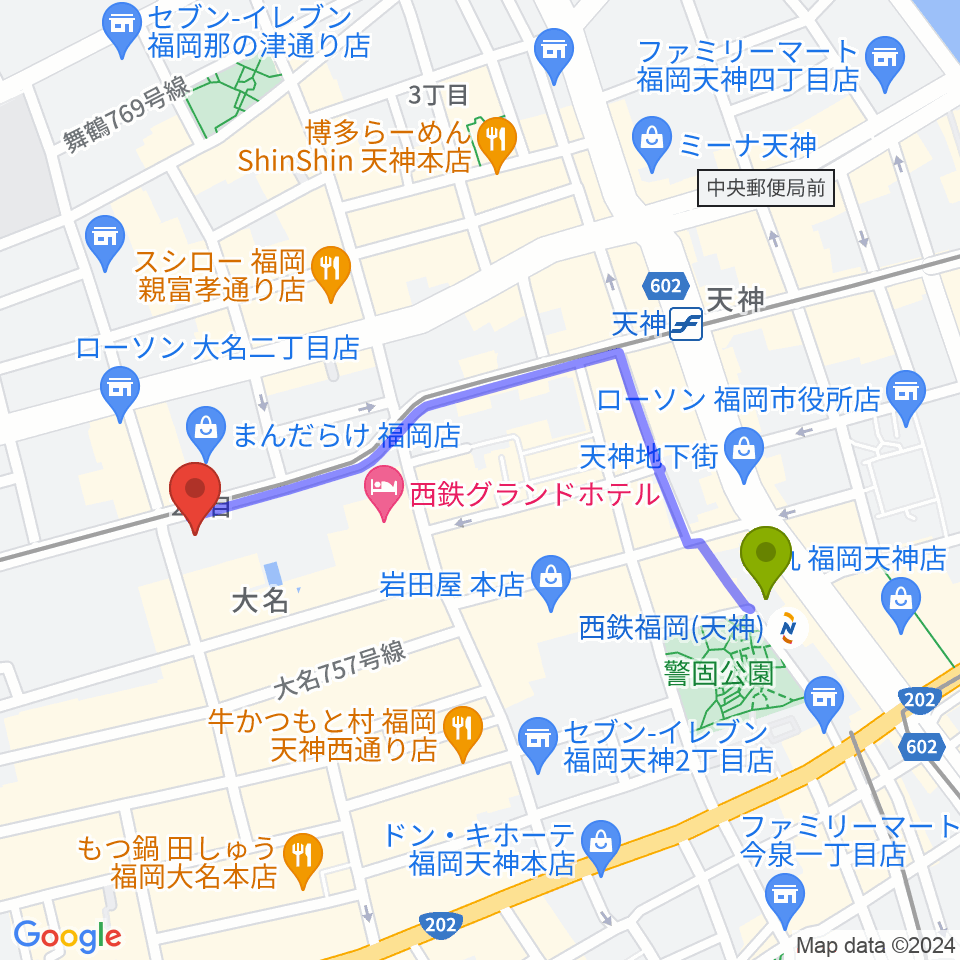 西鉄福岡（天神）駅から福岡Queblickへのルートマップ地図