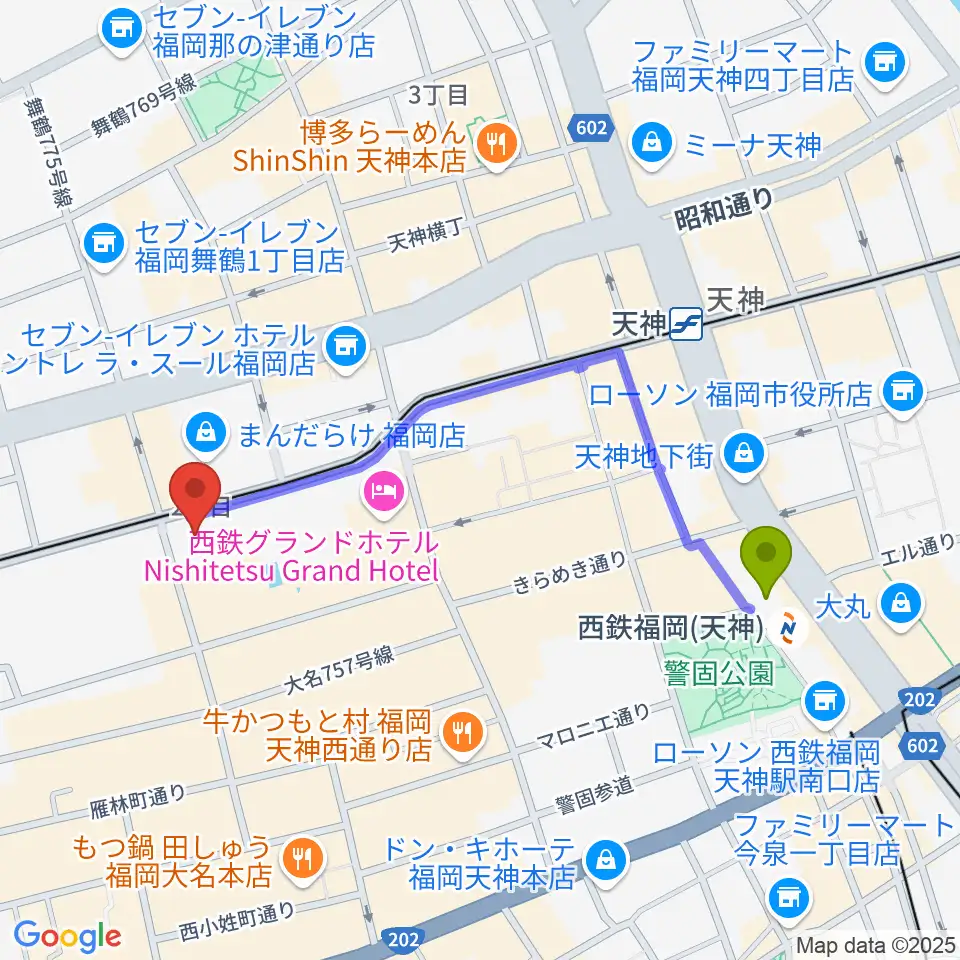 西鉄福岡（天神）駅から福岡Queblickへのルートマップ地図