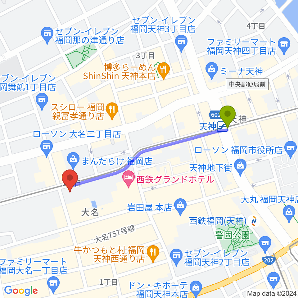 天神駅から福岡Queblickへのルートマップ地図