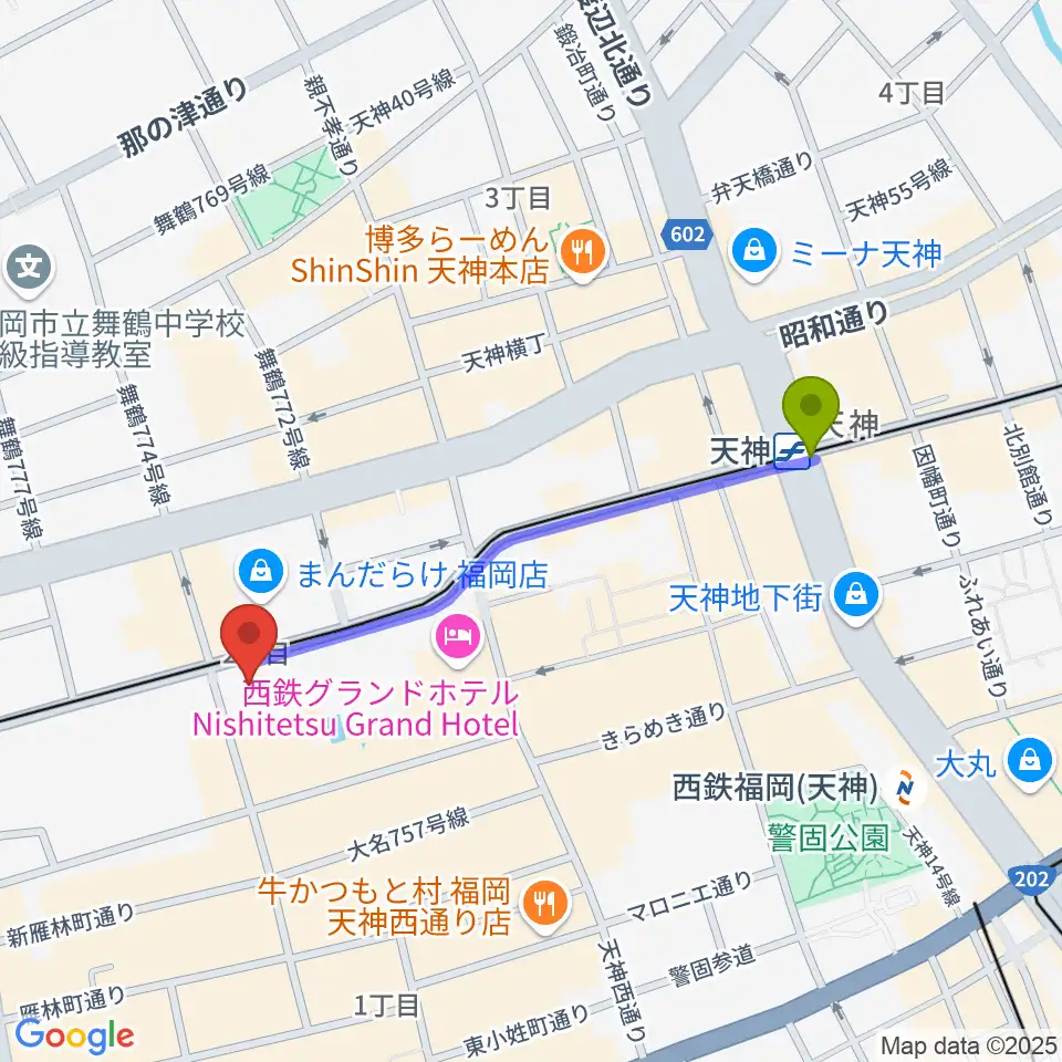 天神駅から福岡Queblickへのルートマップ地図