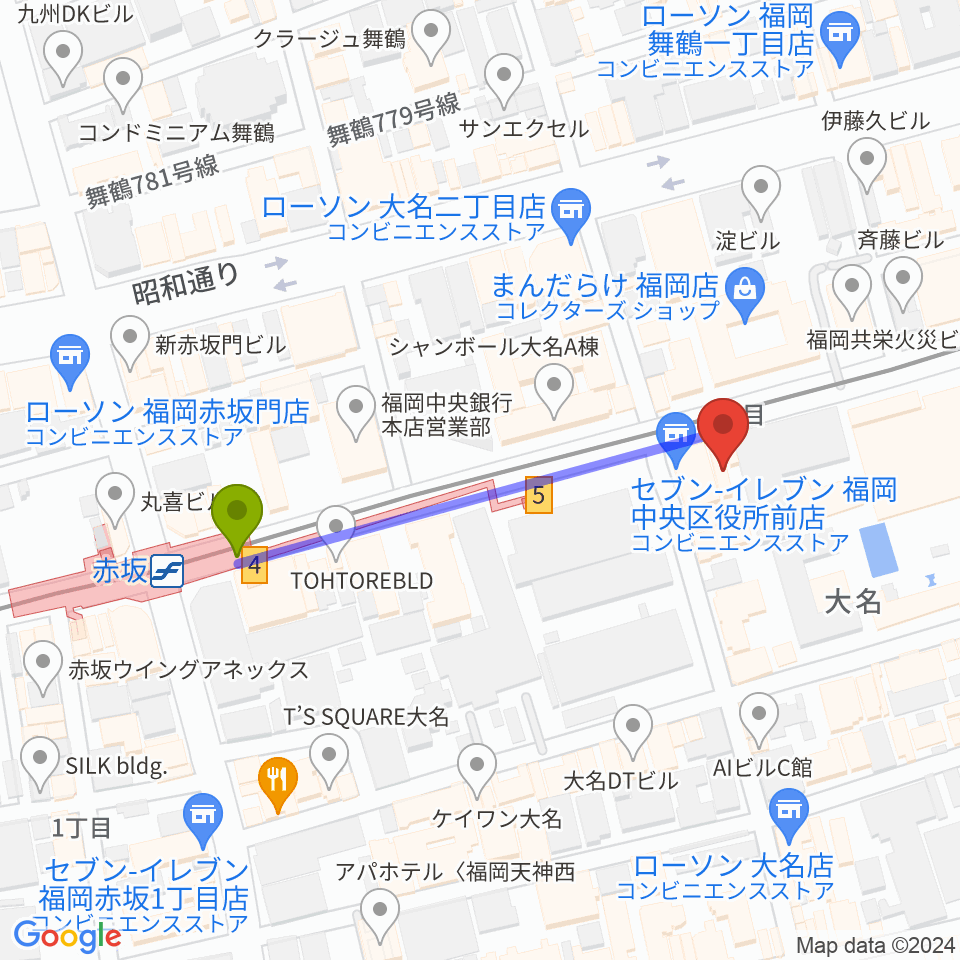 福岡Queblickの最寄駅赤坂駅からの徒歩ルート（約4分）地図