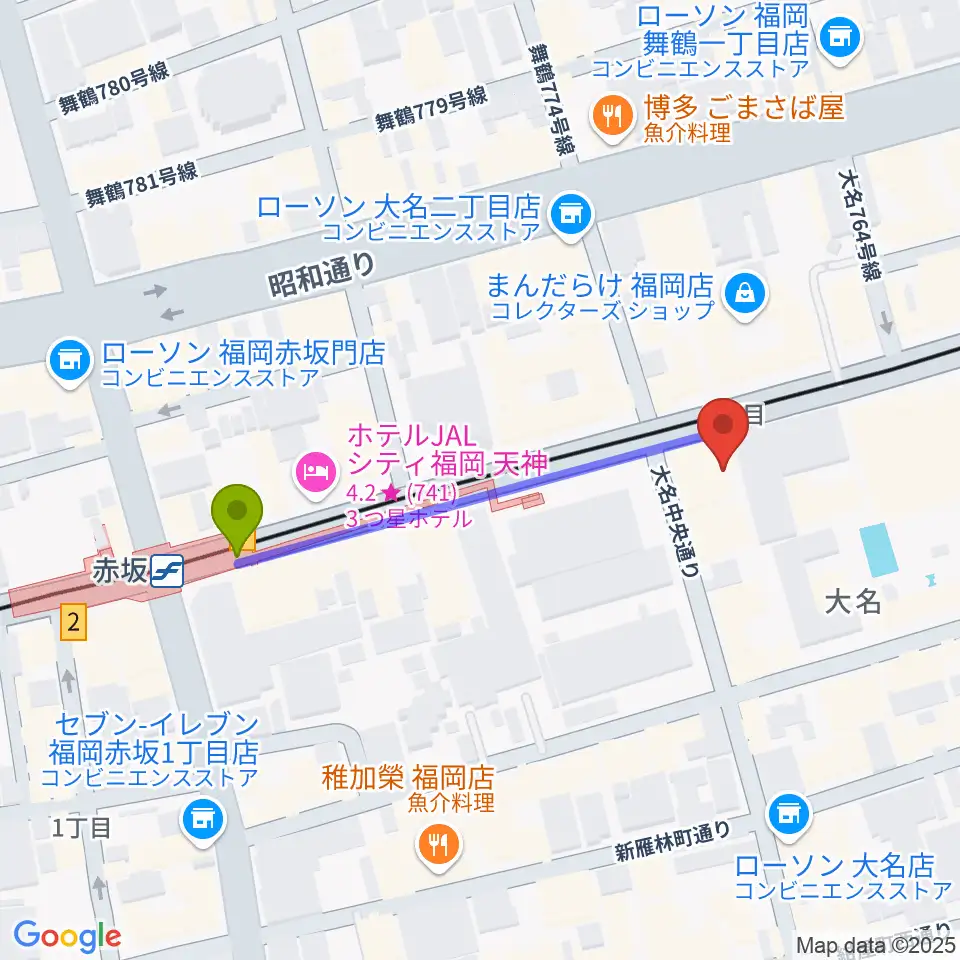 福岡Queblickの最寄駅赤坂駅からの徒歩ルート（約4分）地図