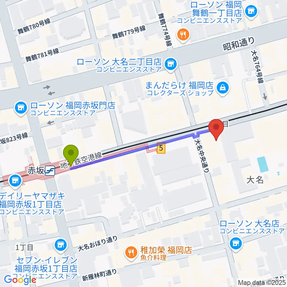 福岡Queblickの最寄駅赤坂駅からの徒歩ルート（約4分）地図