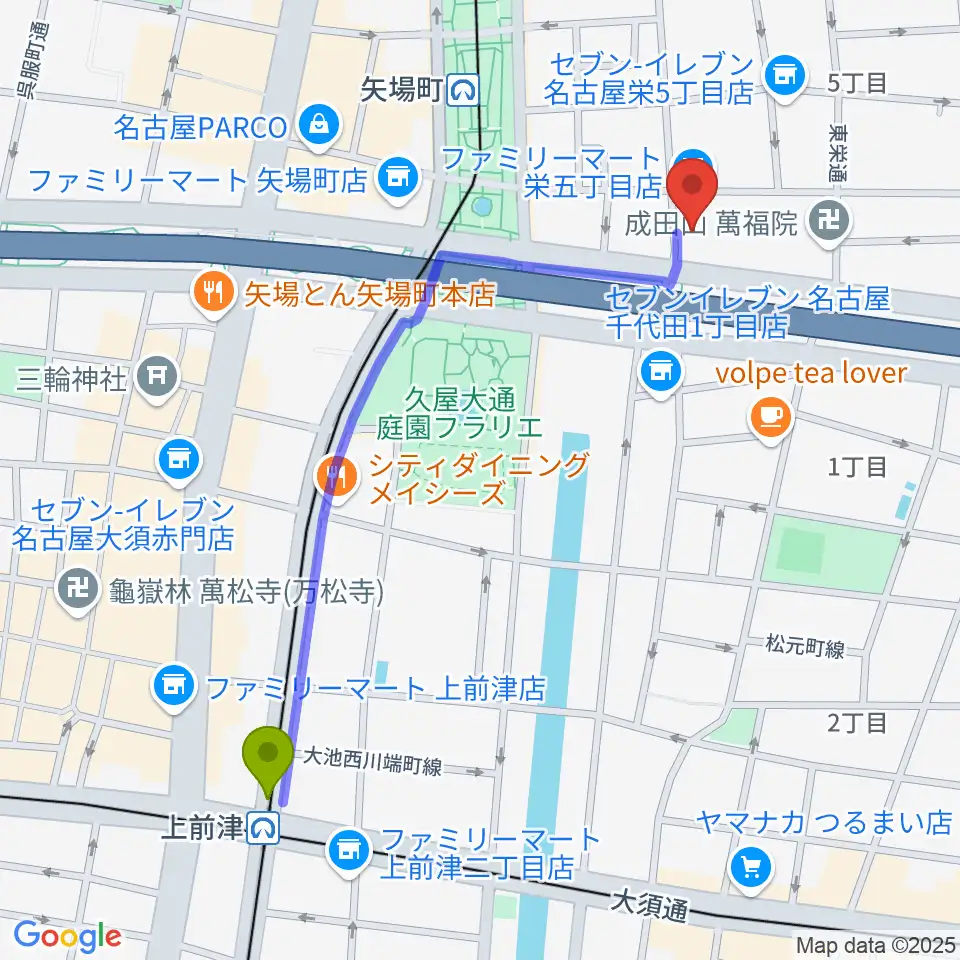 上前津駅からスパジオ・リタへのルートマップ地図