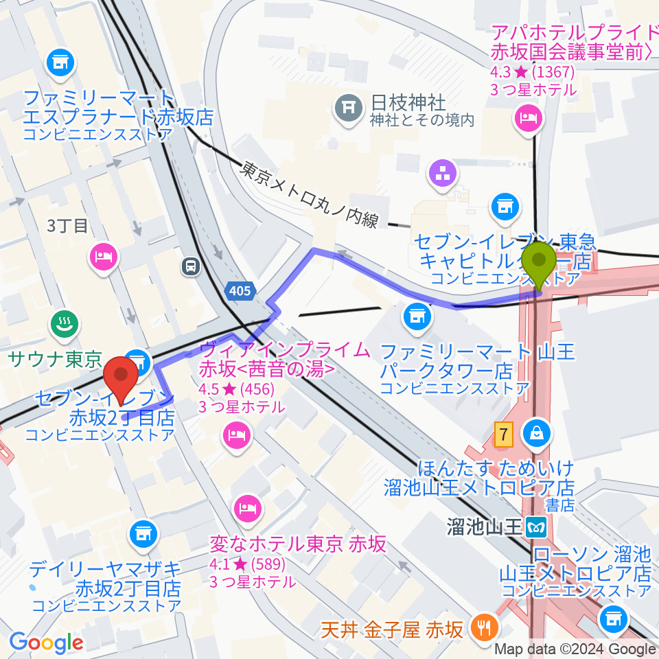 溜池山王駅からアプロ赤坂へのルートマップ地図