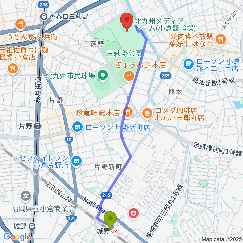 城野駅から北九州メディアドームへのルートマップ地図