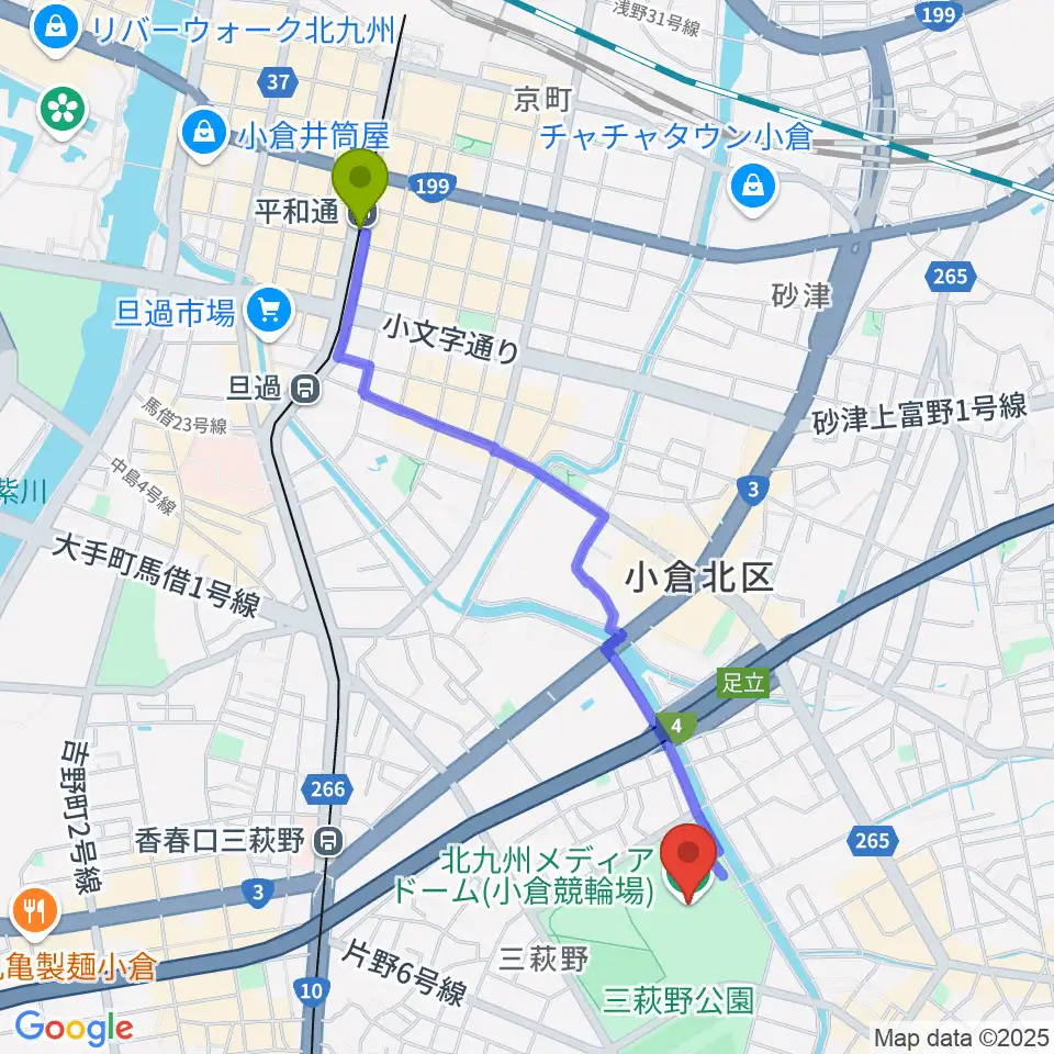 平和通駅から北九州メディアドームへのルートマップ地図