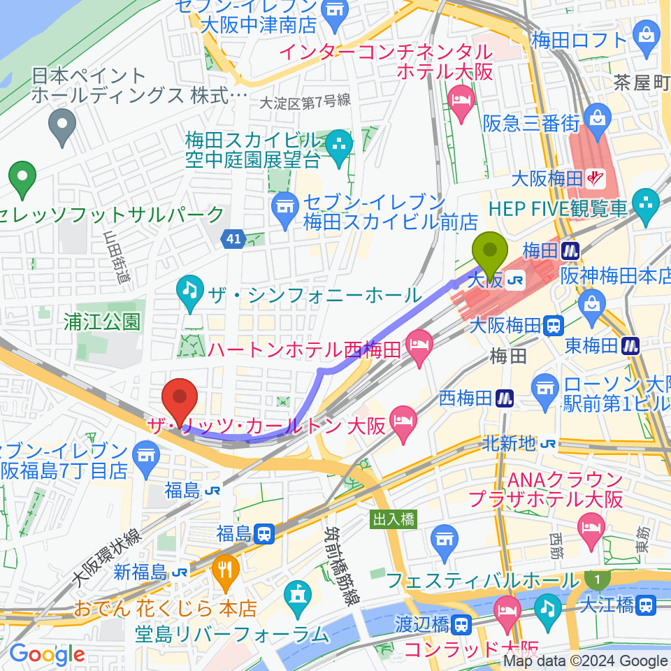 大阪駅から大阪福島セカンドラインへのルートマップ地図
