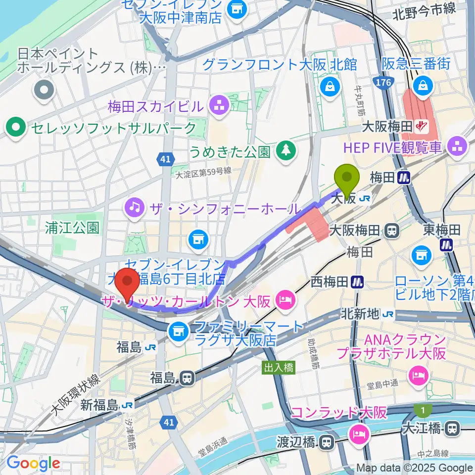 大阪駅から大阪福島セカンドラインへのルートマップ地図