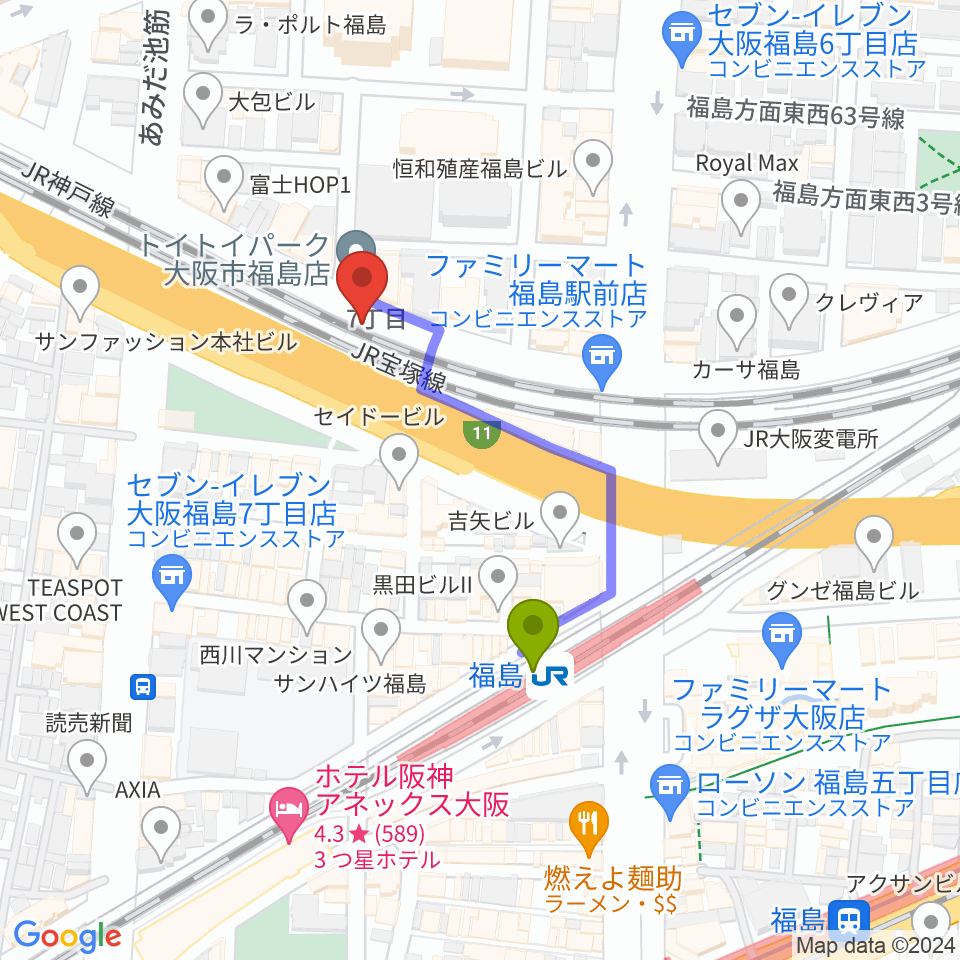 大阪福島セカンドラインの最寄駅福島駅からの徒歩ルート（約3分）地図