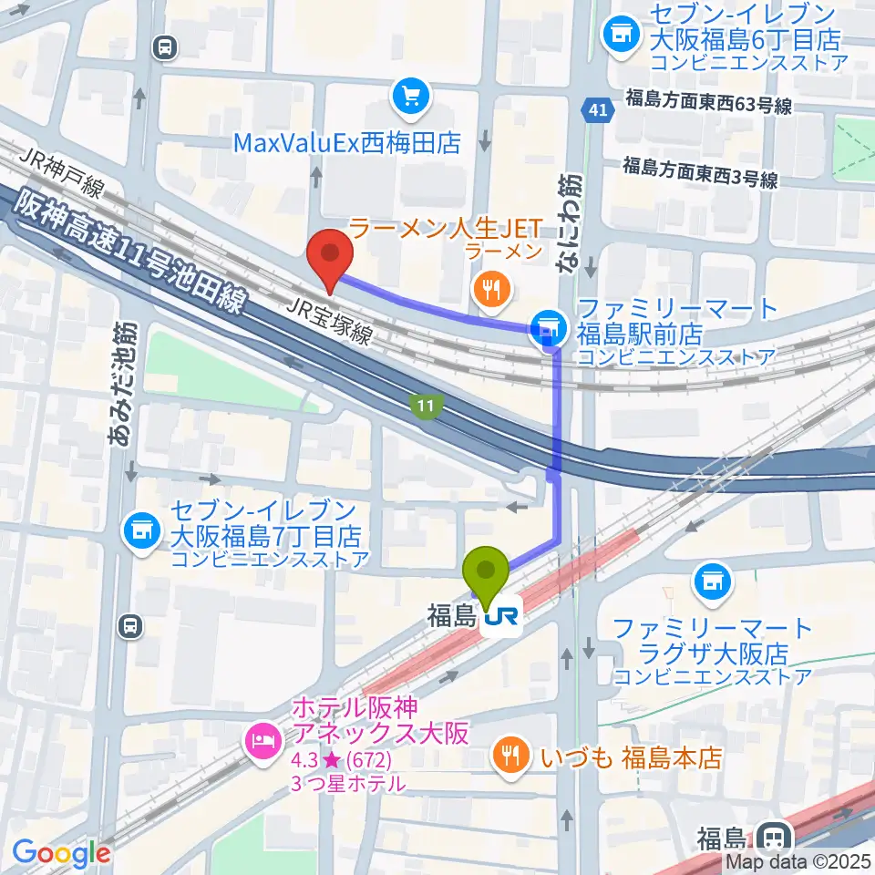 大阪福島セカンドラインの最寄駅福島駅からの徒歩ルート（約3分）地図